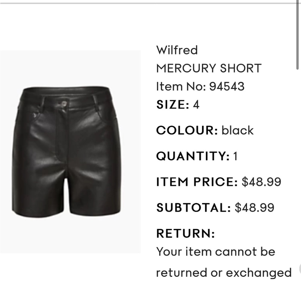 Brand new Wilfred faux leather shorts- size 4